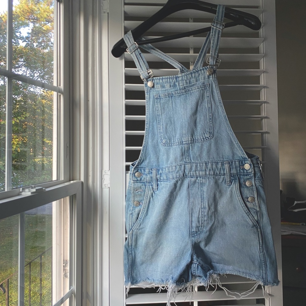 Madewell denim raw hem short overalls